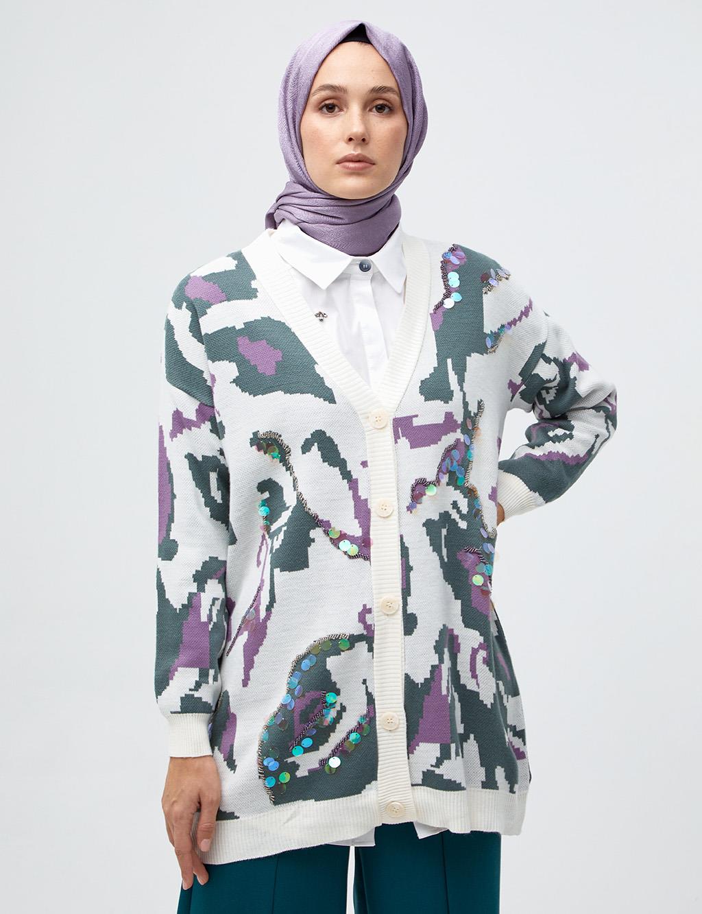 Camouflage Patterned Knitwear Cardigan Ecru