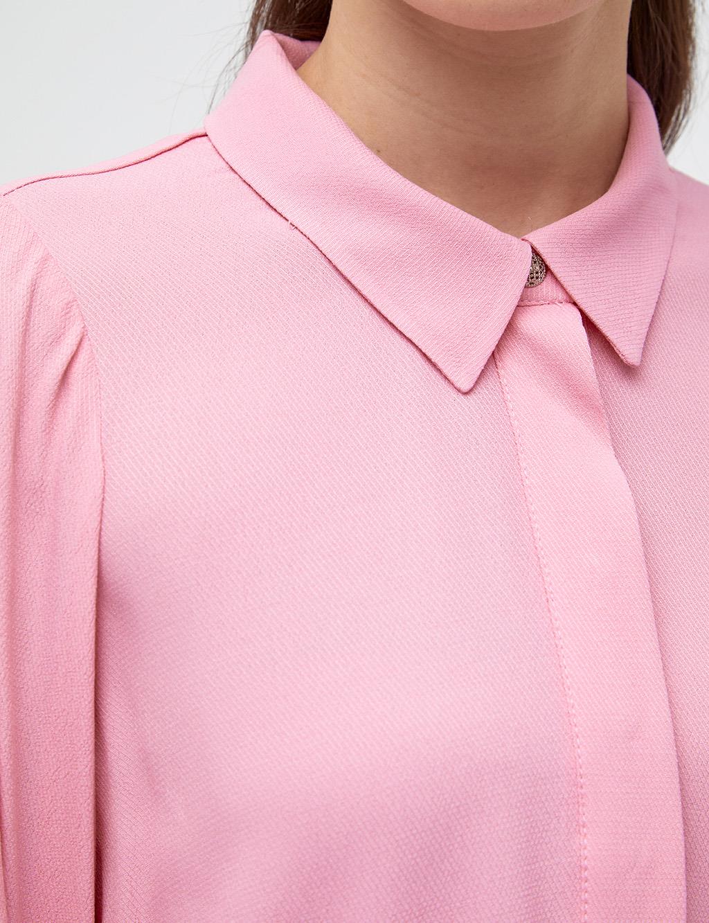 Half Placket Balloon Sleeve Tunic Pink