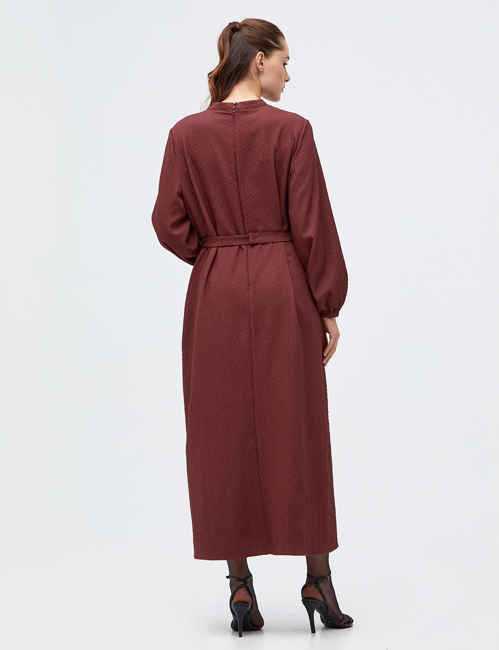 Embossed Patterned Belted Dress Bronze Brown