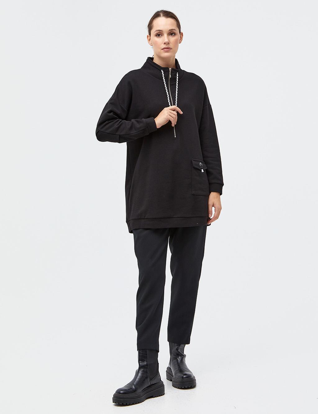Half Zipper Grandad Collar Sweatshirt Black