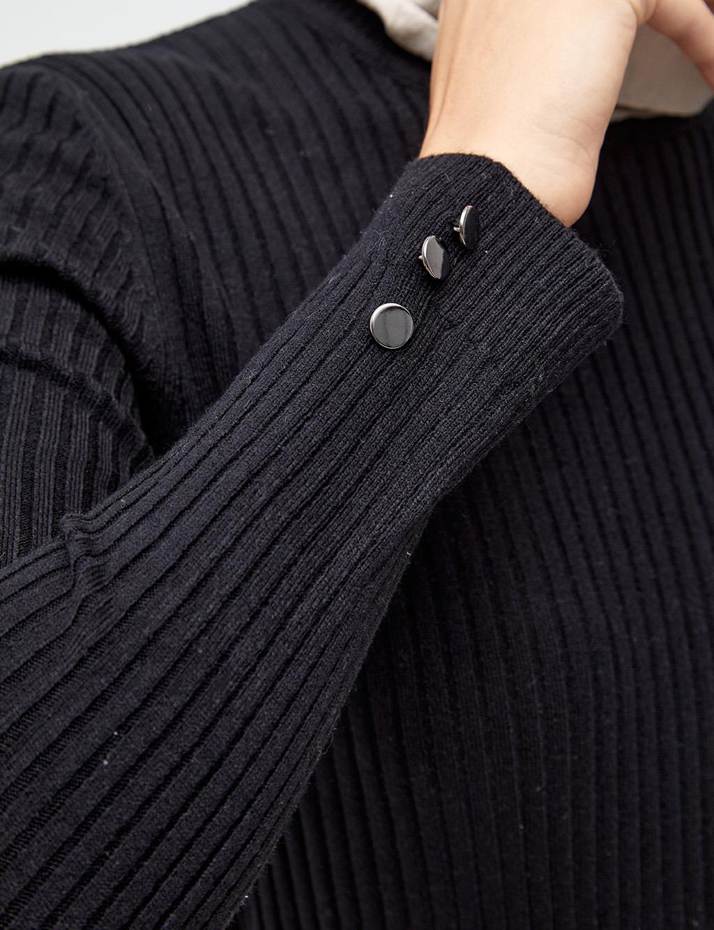 Round Neck Collar Corduroy Knitwear Blouse Black