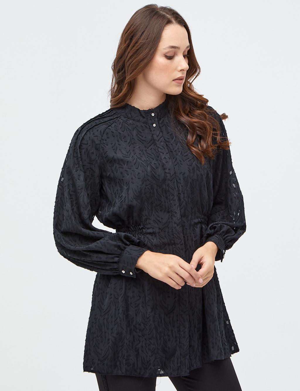 Beli Lastikli Sıfır Yaka Tunik Siyah