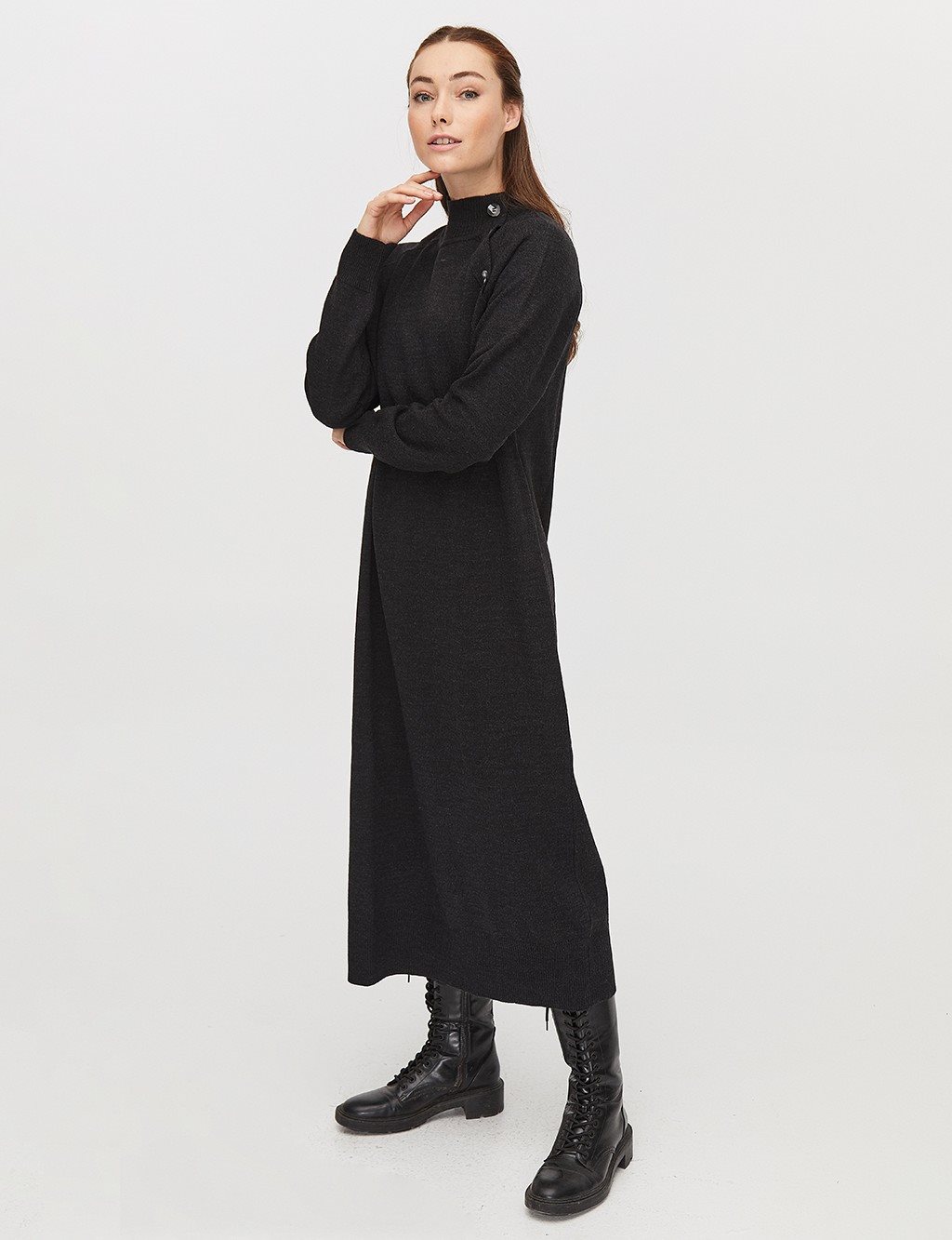 Raglan Sleeve Half Turtleneck Knitwear Dress Black