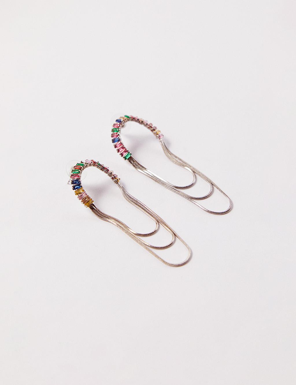 Colorful Stone Three Chain Earrings Silver Color
