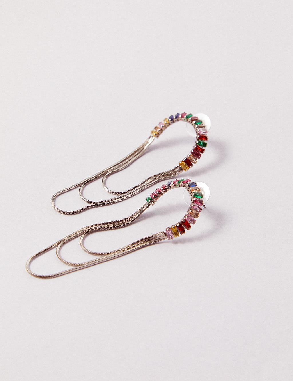 Colorful Stone Three Chain Earrings Silver Color