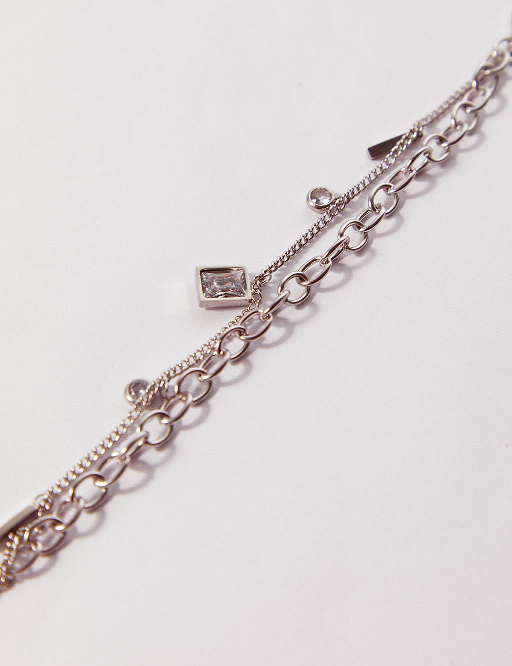 Stone Double Chain Steel Bracelet Silver Color