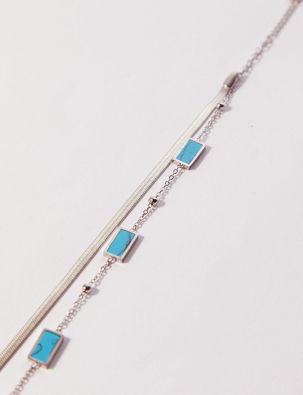 Turquoise Stone Double Chain Steel Bracelet Sterling Silver Color