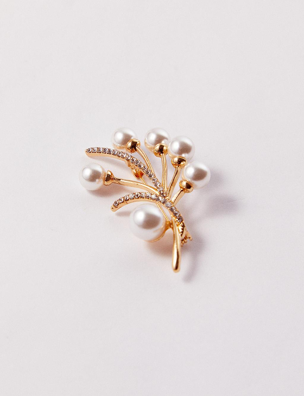 Pearl Tree Branch Figured Brooch Gold Color
