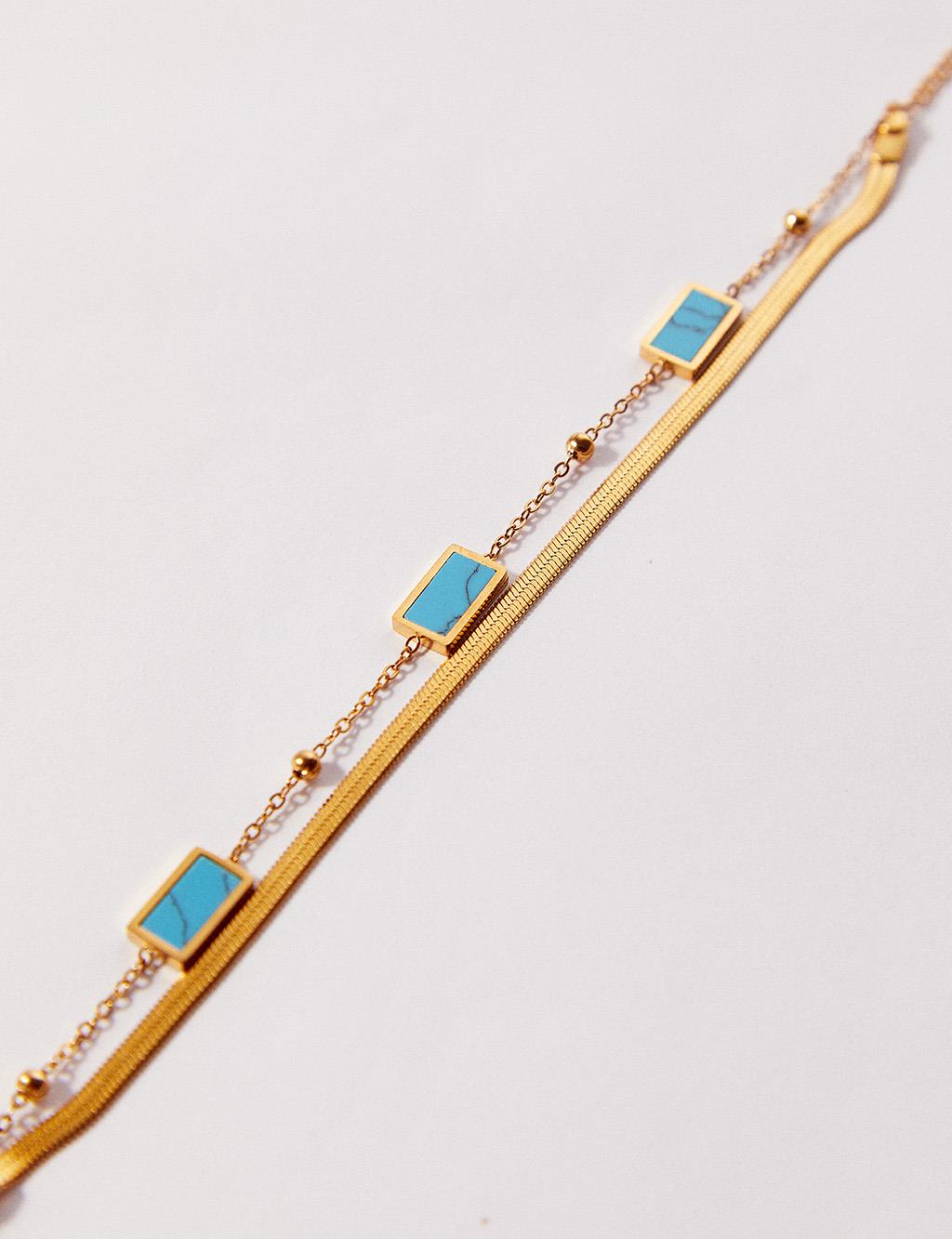 Turquoise Stone Double Chain Steel Bracelet Sterling Gold Color