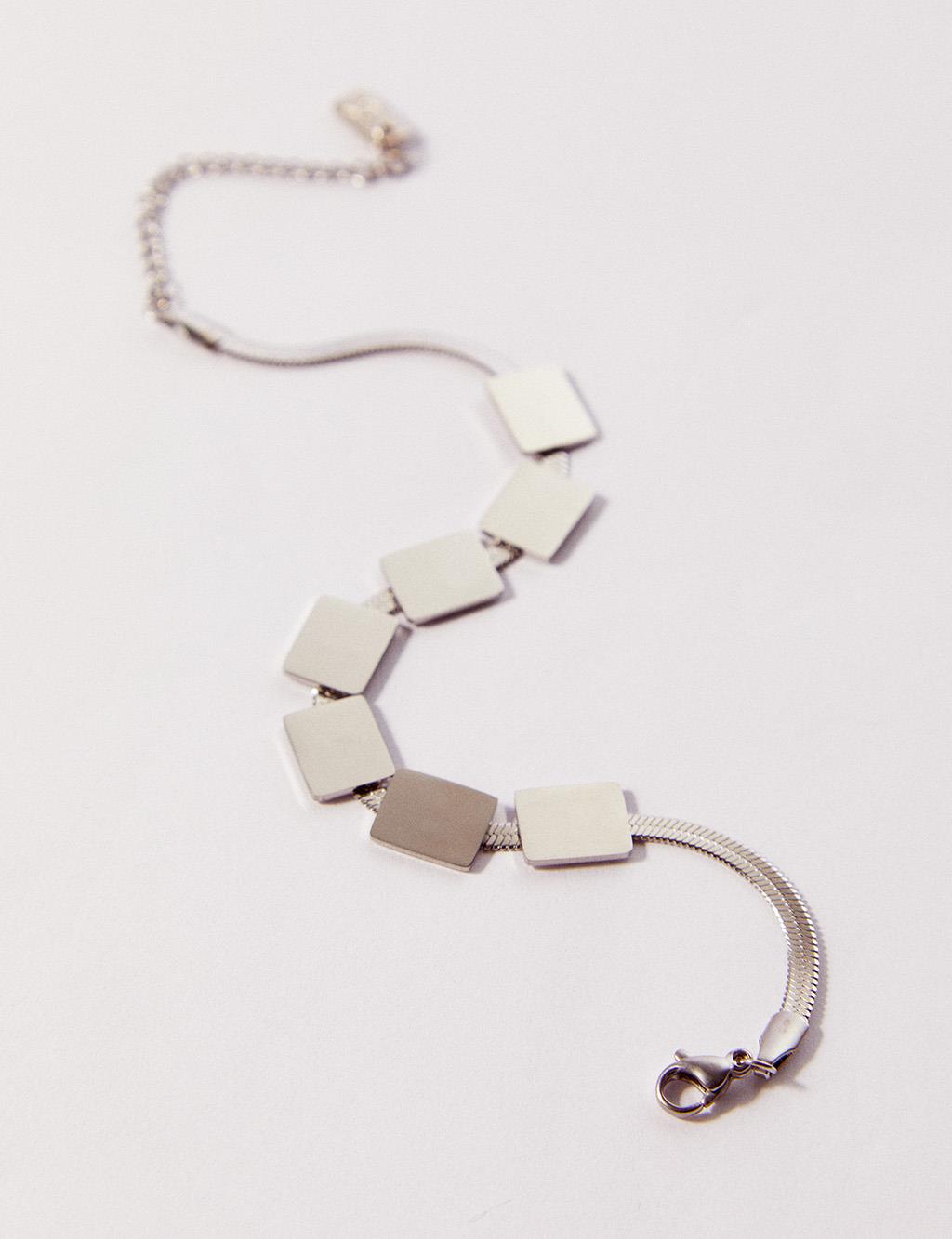 Rectangle Symbol Italian Chain Steel Bracelet Silver Color