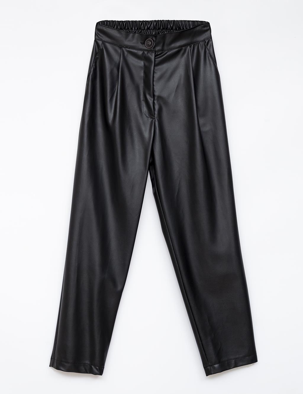 Pleated Faux Leather Pants Black