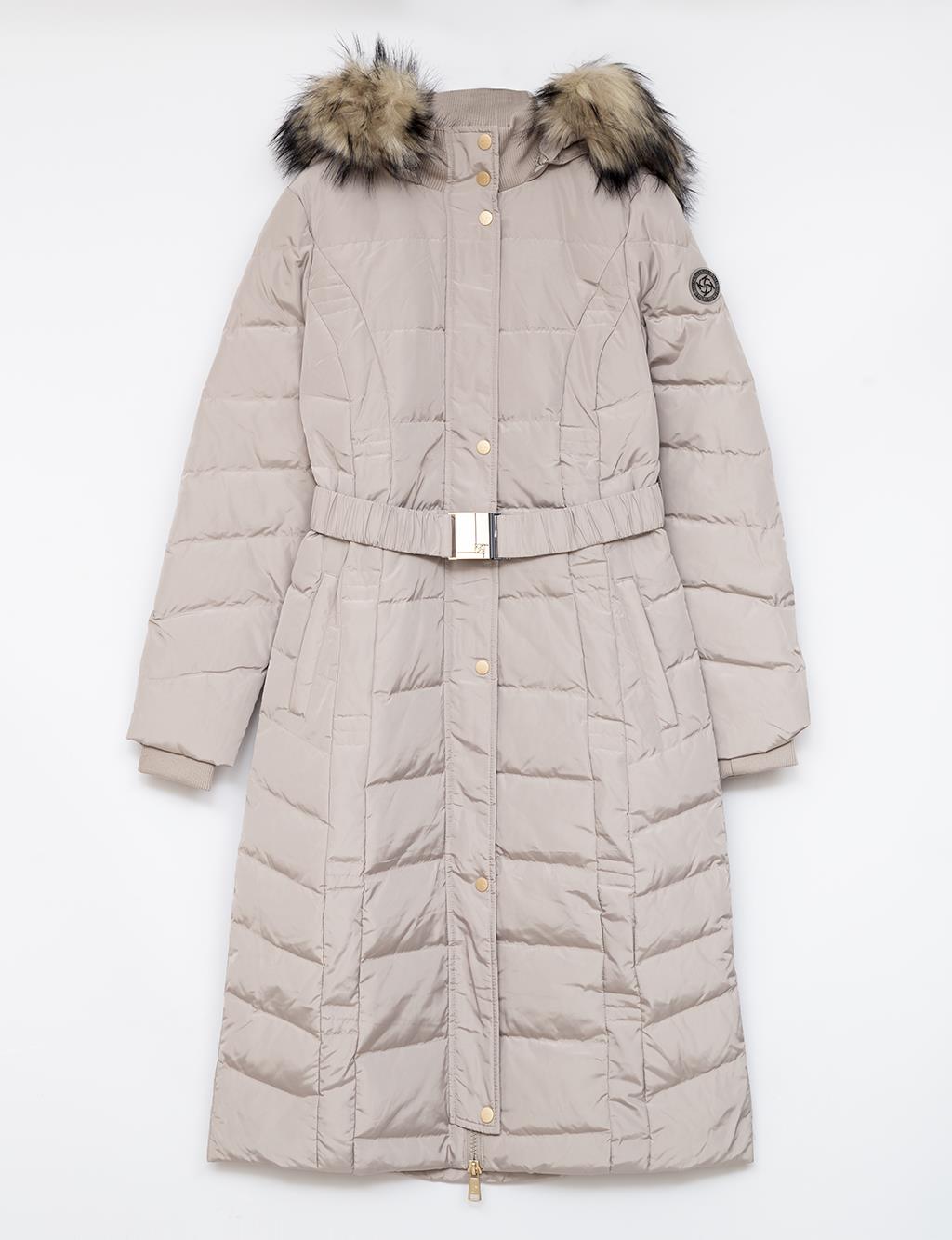 Fur Hooded Ribbed Goose Down Coat Stone