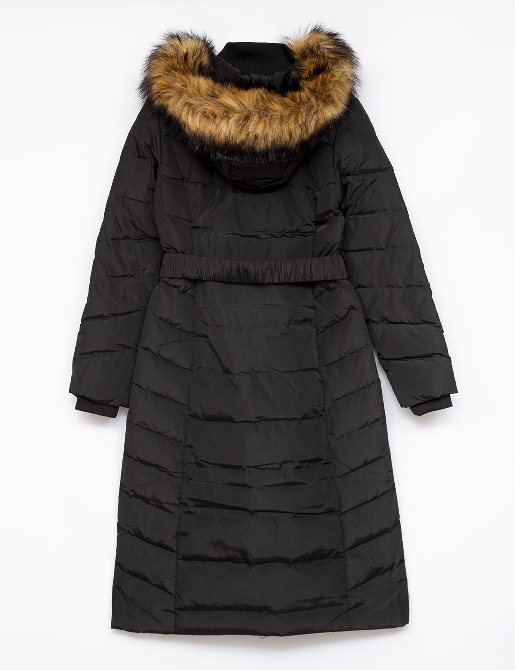Fur Hooded Ribbed Goose Down Coat Black