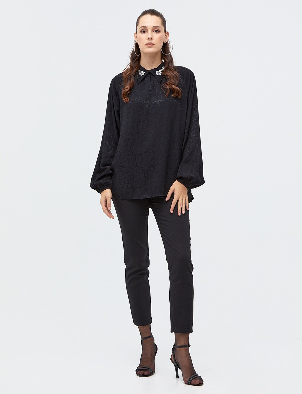 Embroidered Sleeves Round Neck Collar Blouse Black