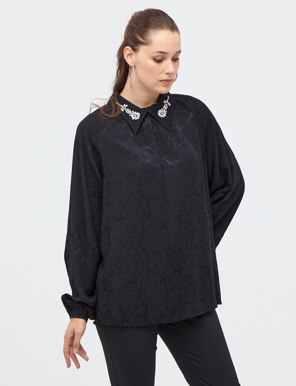 Embroidered Sleeves Round Neck Collar Blouse Black