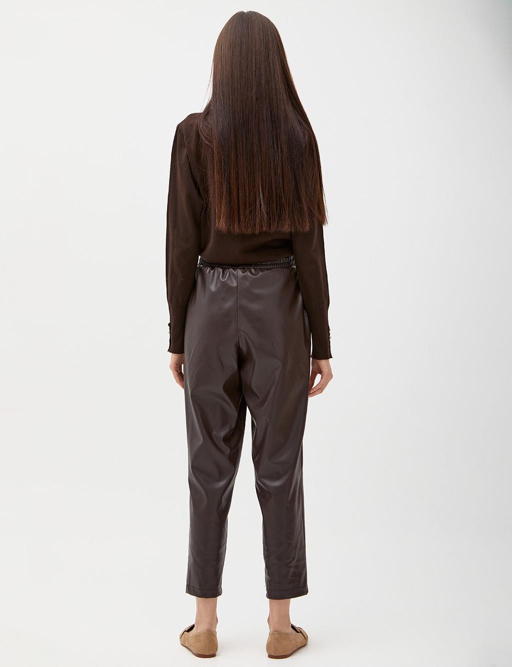  Elastic Waist Faux Leather Pants Bitter Brown 