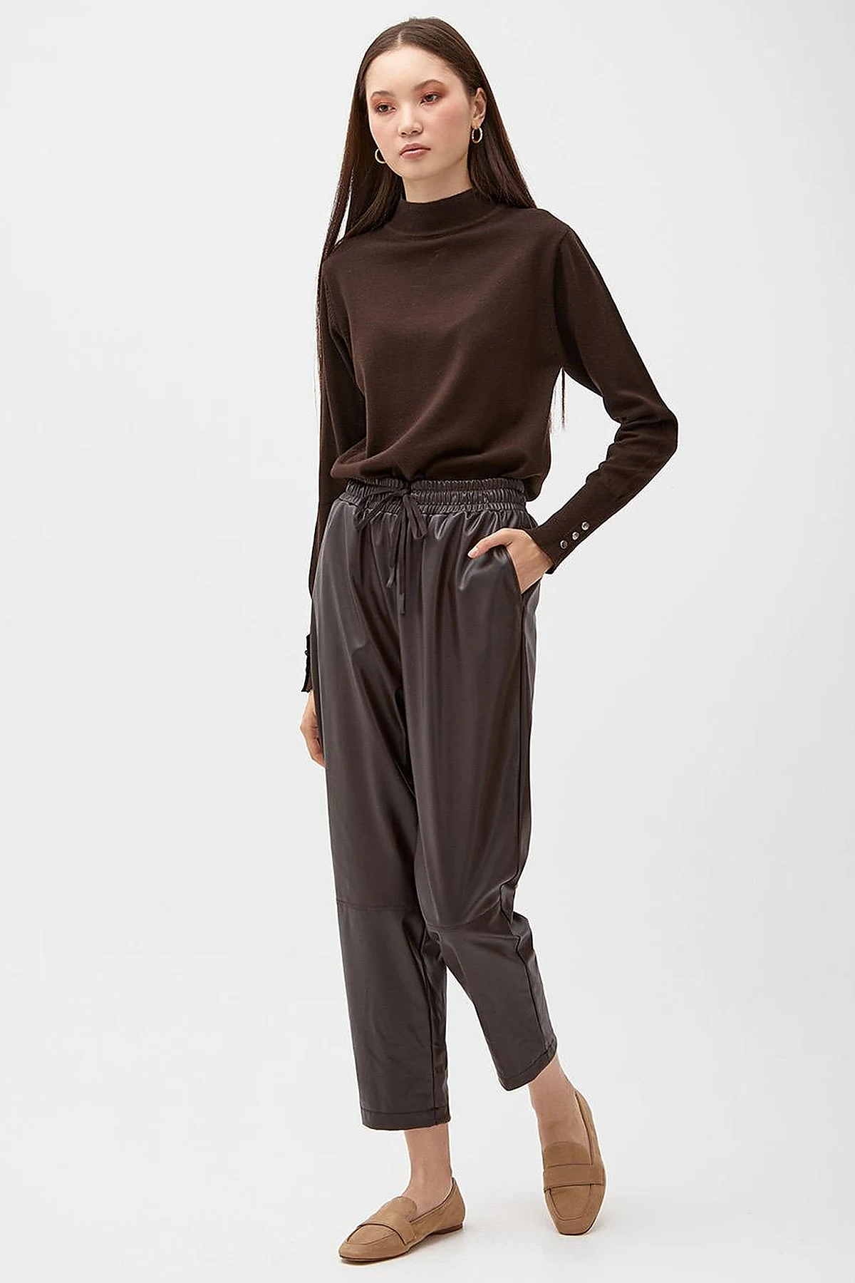 Elastic Waist Faux Leather Pants Bitter Brown 