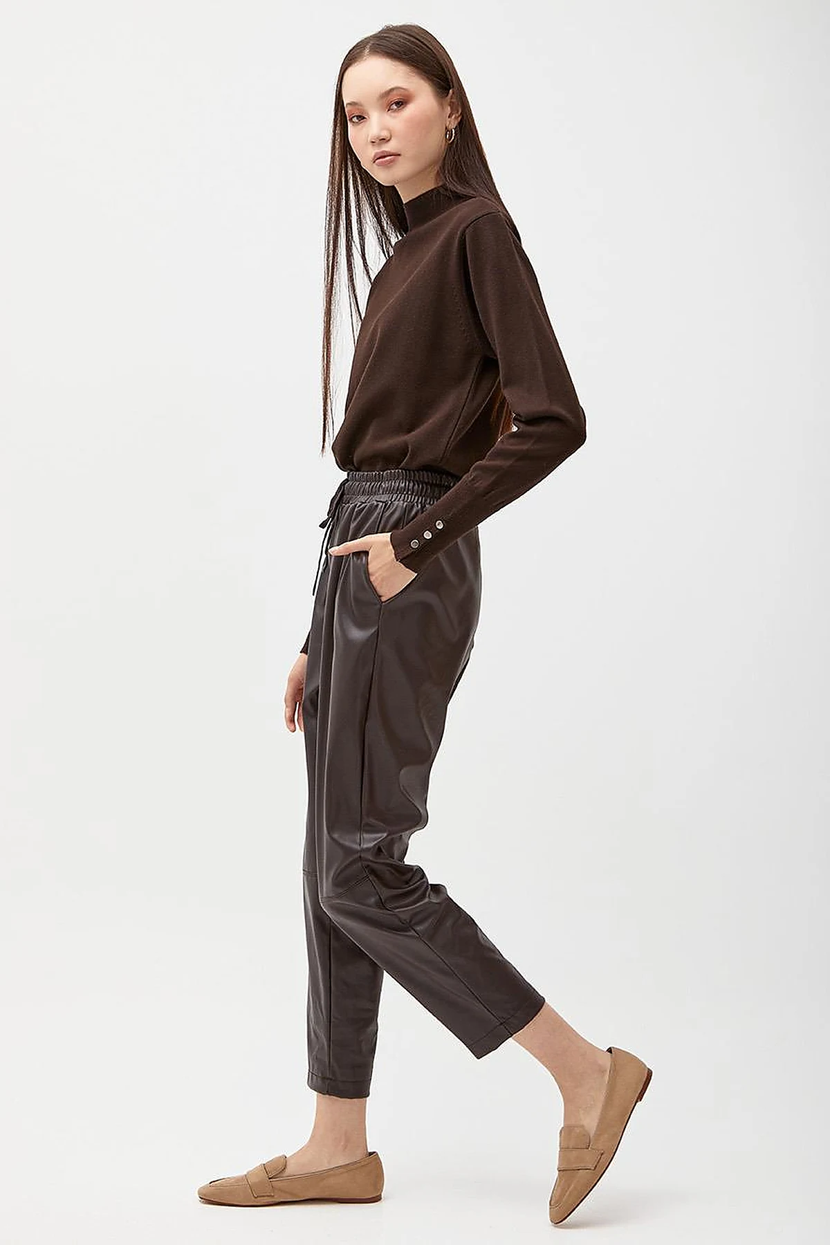  Elastic Waist Faux Leather Pants Bitter Brown 