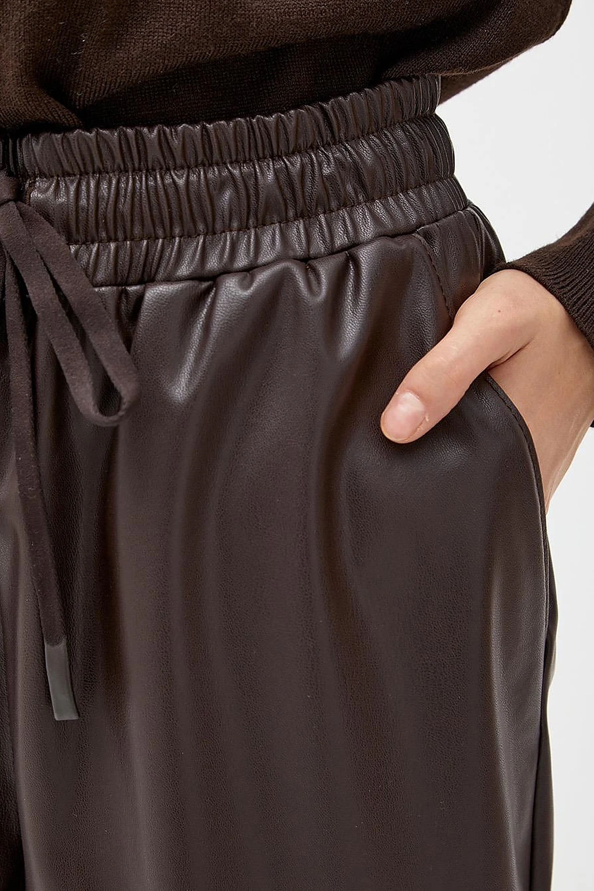  Elastic Waist Faux Leather Pants Bitter Brown 