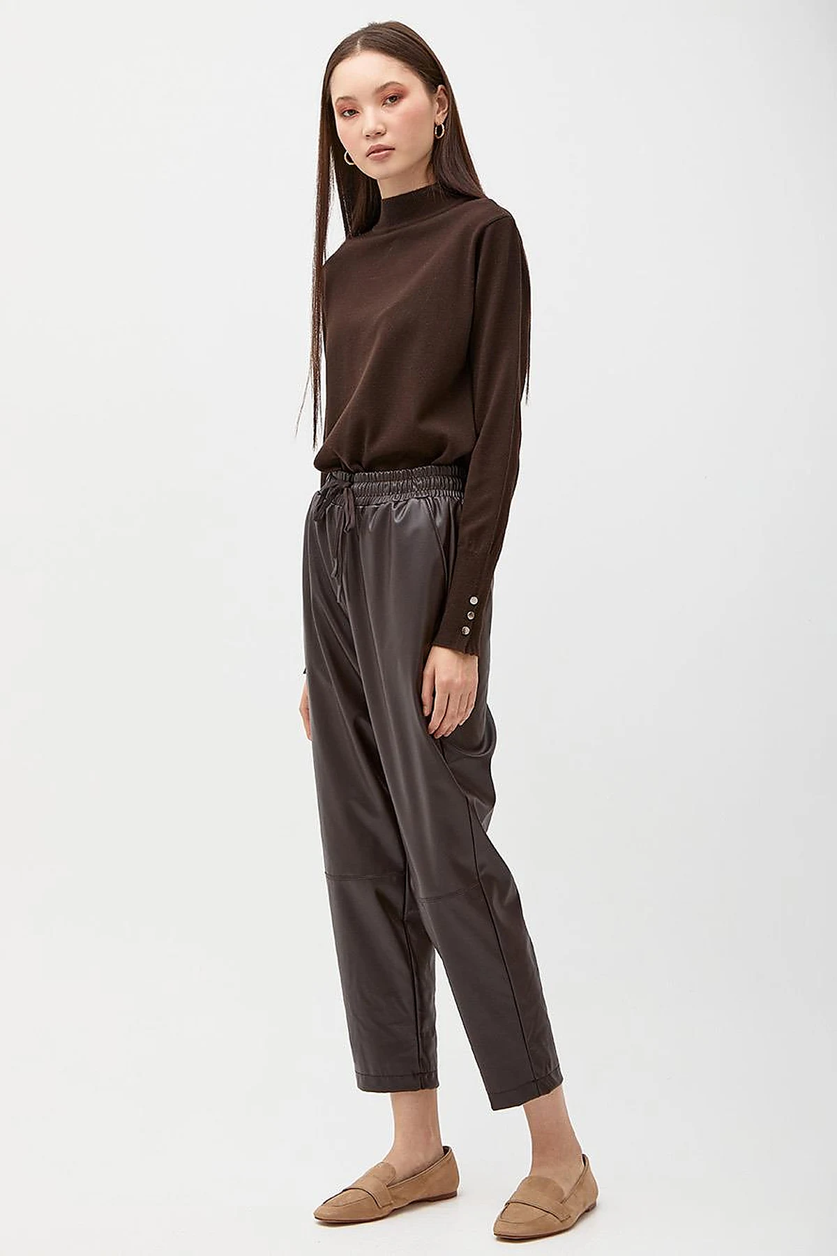  Elastic Waist Faux Leather Pants Bitter Brown 