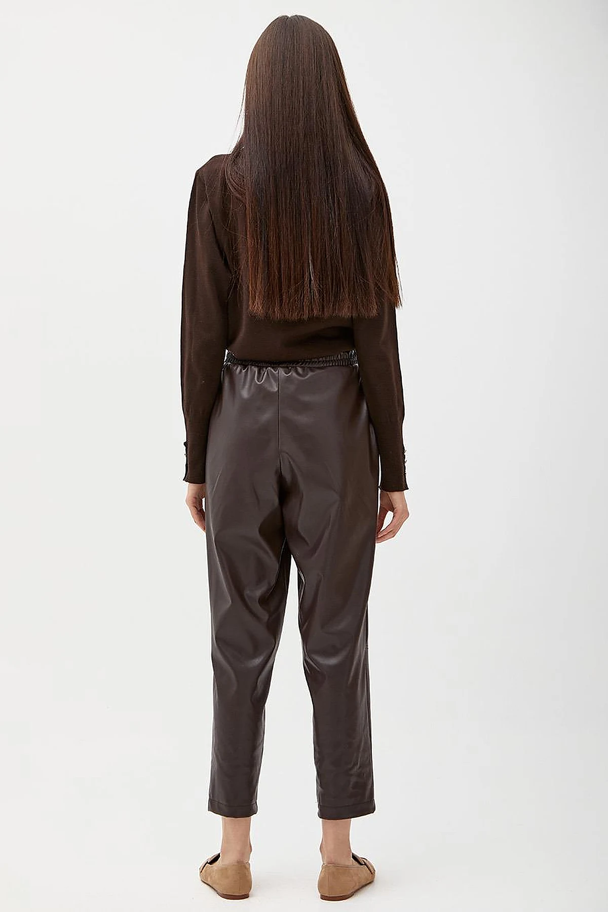  Elastic Waist Faux Leather Pants Bitter Brown 