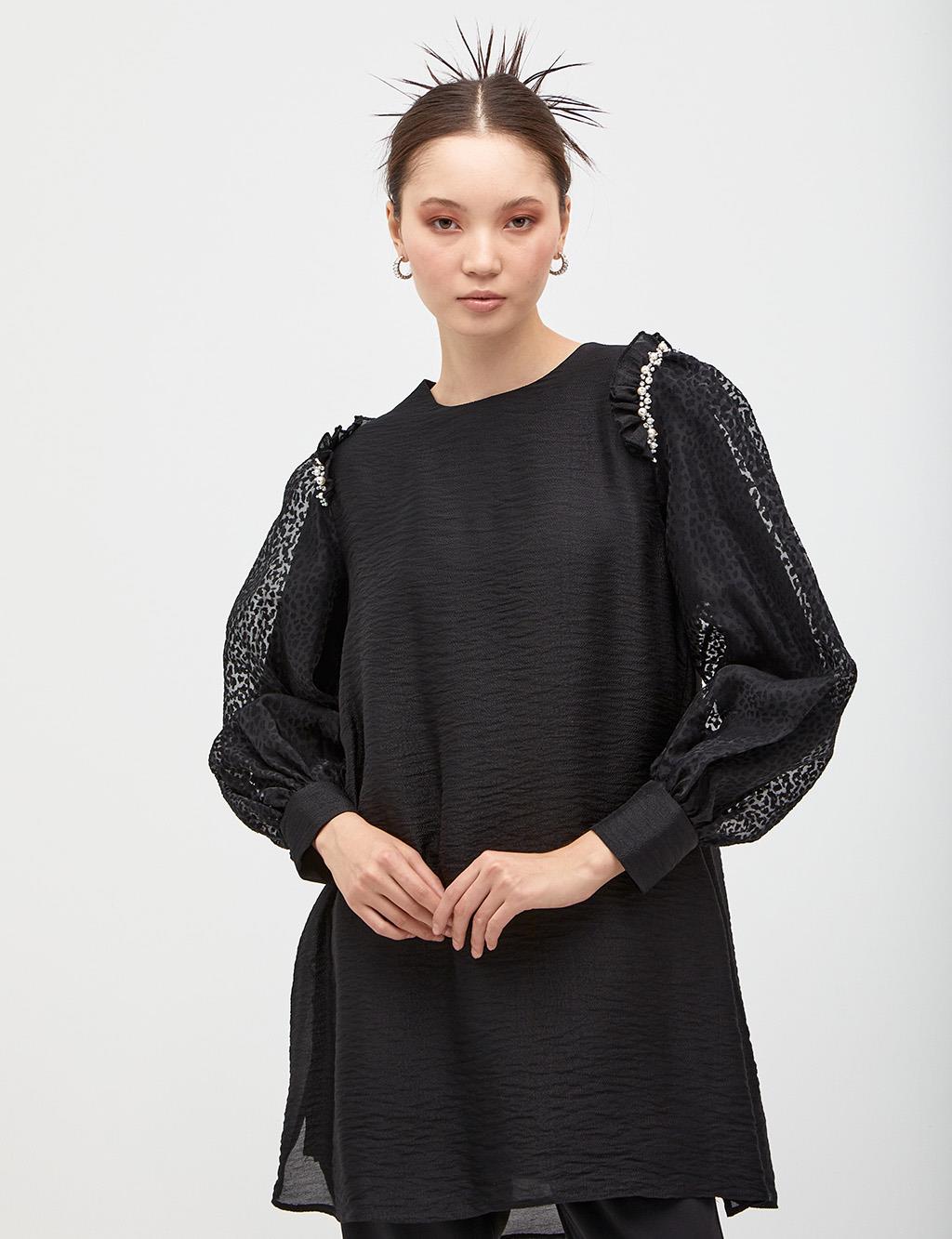 Bead Embroidered Frilly Tunic Black