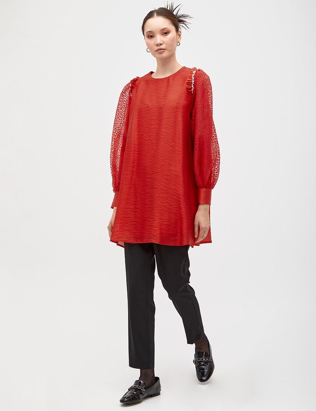 Bead Embroidered Frilly Tunic Red