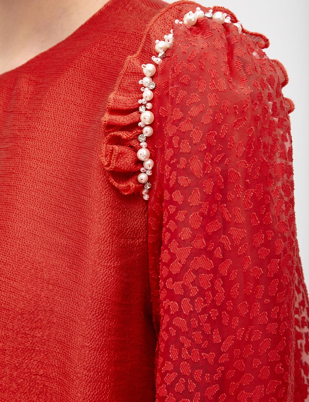 Bead Embroidered Frilly Tunic Red