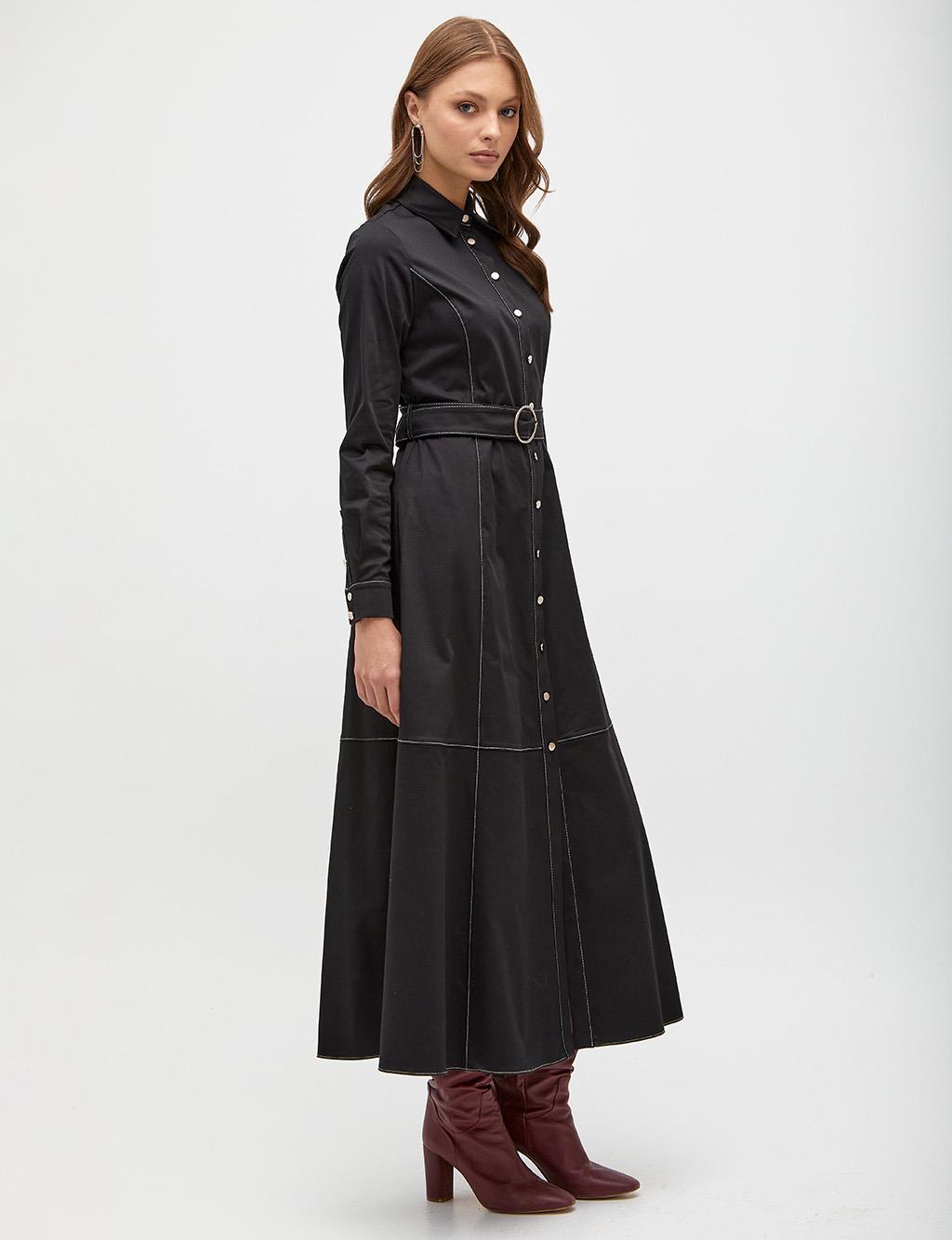 Belted Punto Stitched Dress Black