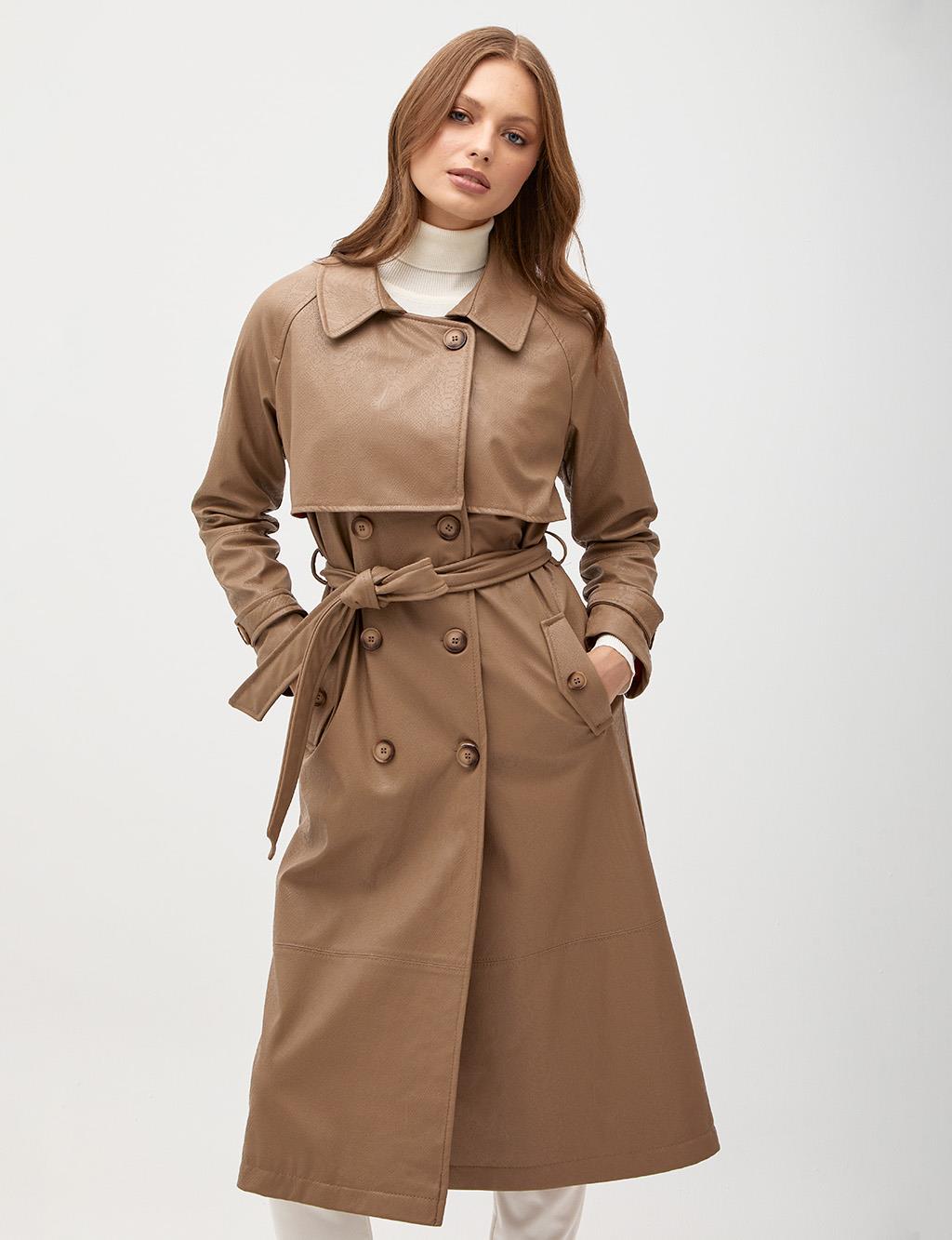 Faux Leather Animal Print Trench Coat Mink