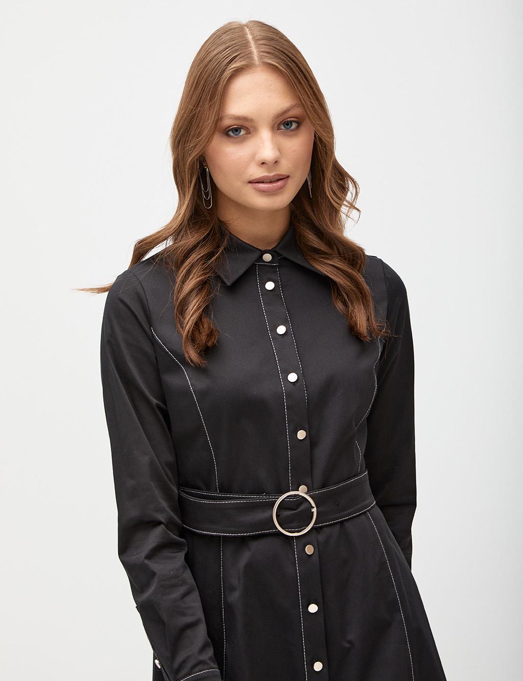 Belted Punto Stitched Dress Black