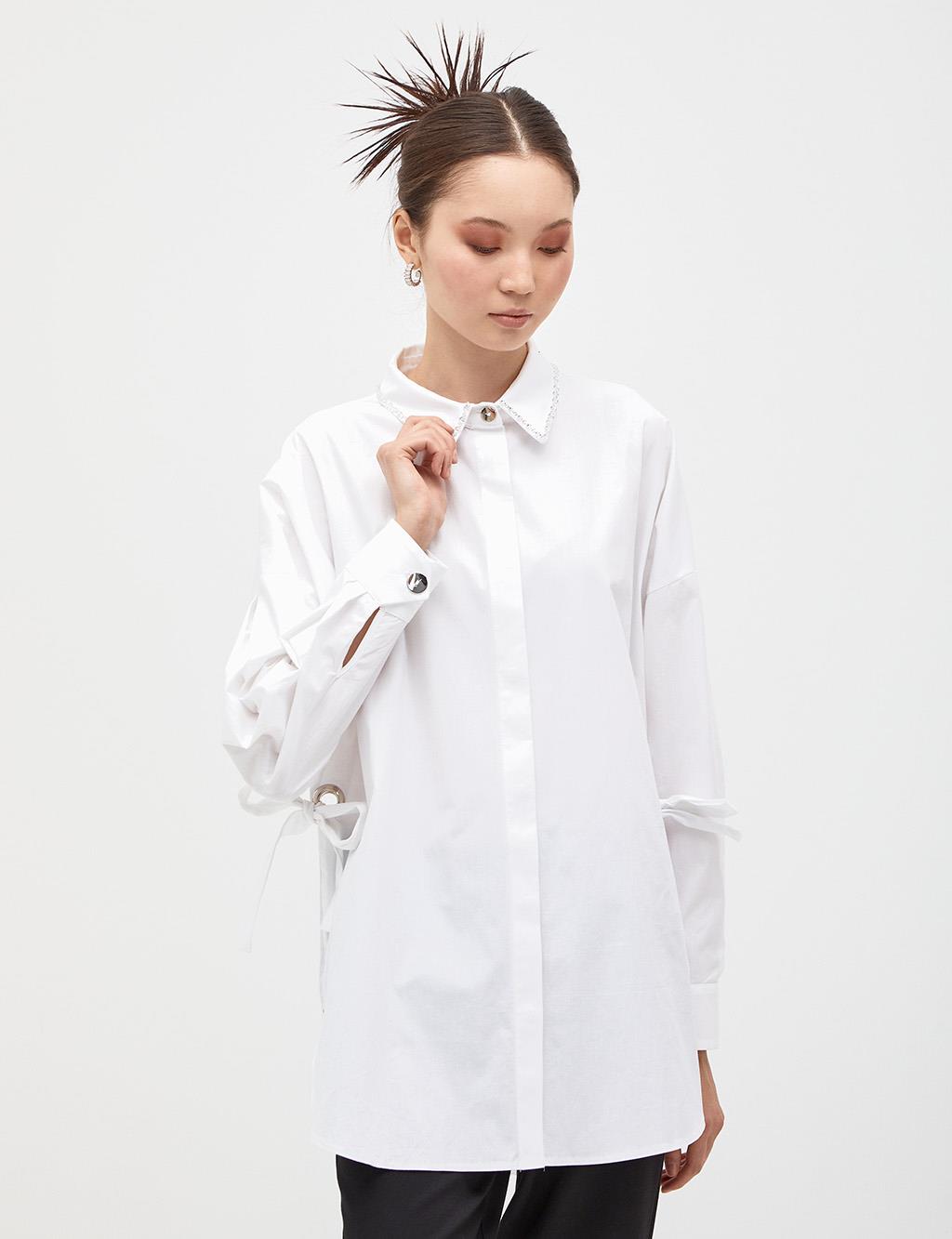 Stone Embroidered Hidden Placket Tunic White