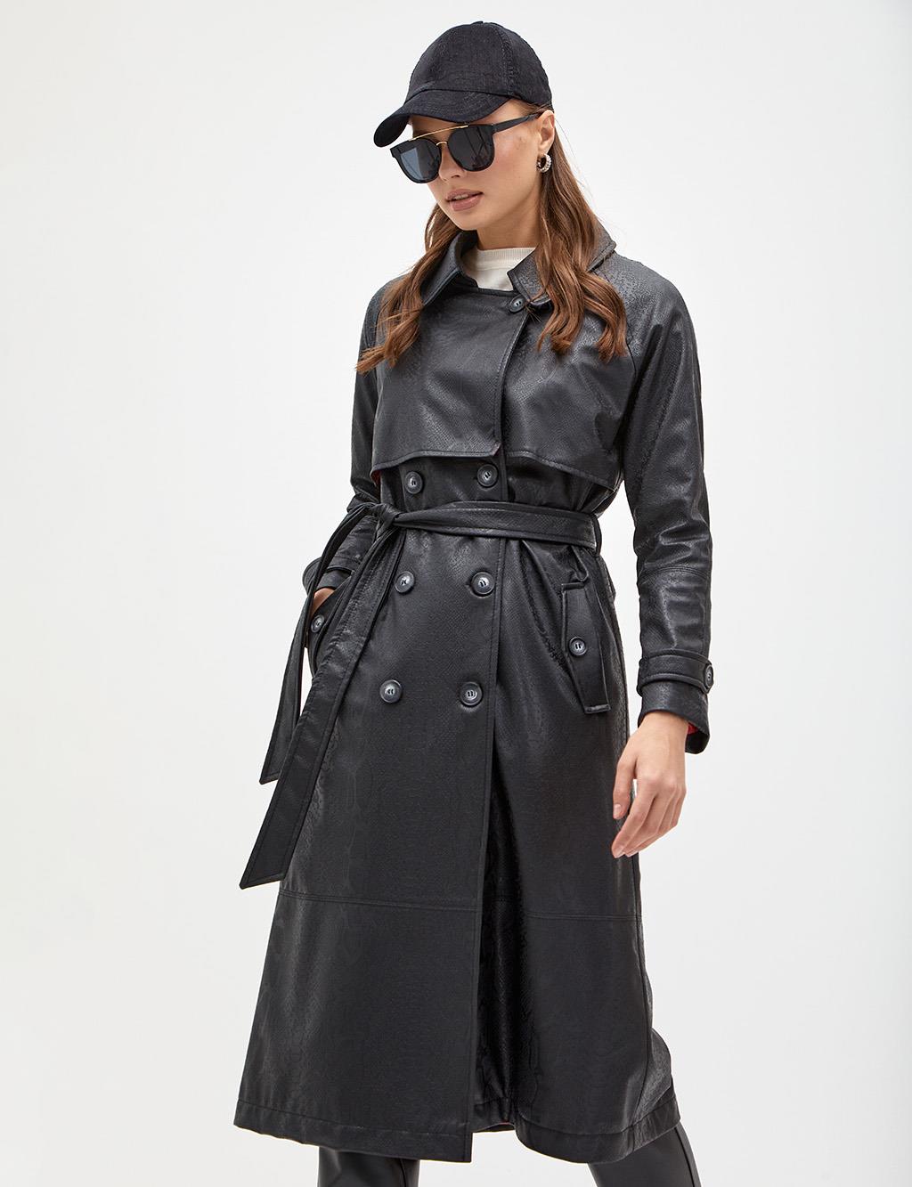 Faux Leather Animal Print Trench Coat Black