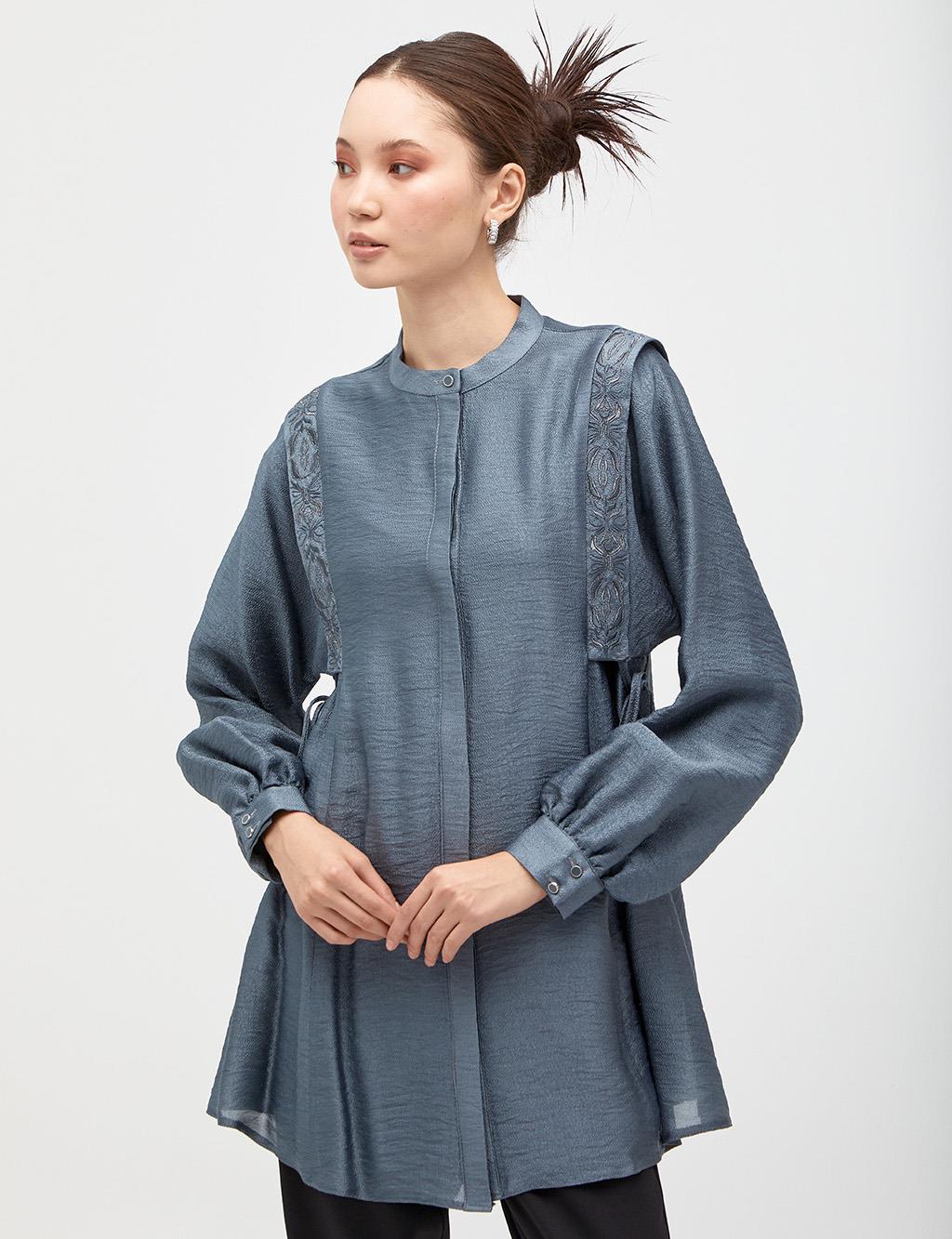 Embroidered Crinkle Tunic Teal