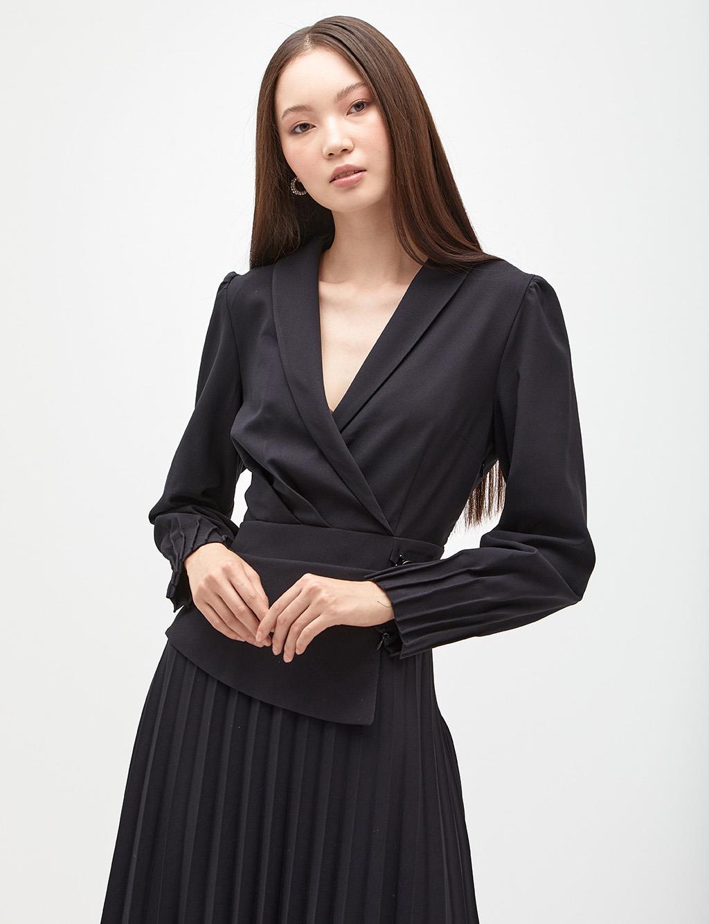 Pleated Skirt Double Breasted Dress Black