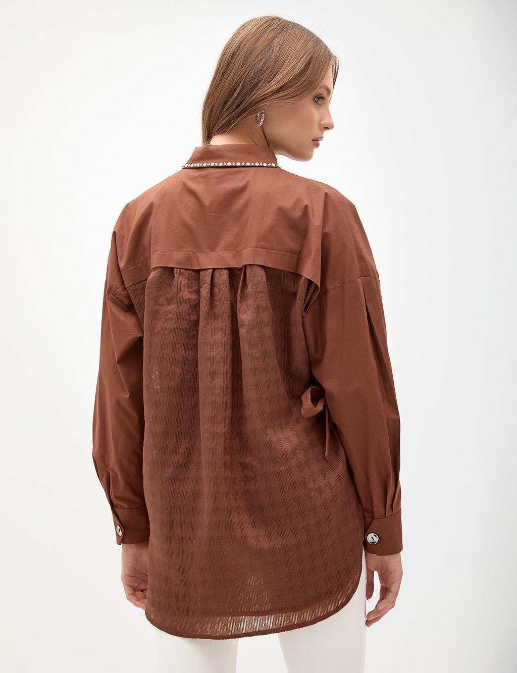 Stone Embroidered Hidden Placket Tunic Brown