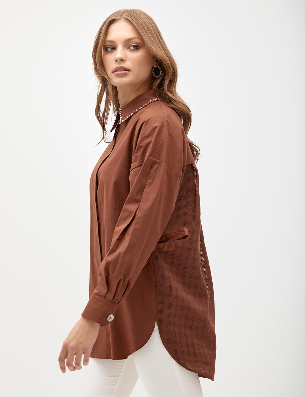 Stone Embroidered Hidden Placket Tunic Brown