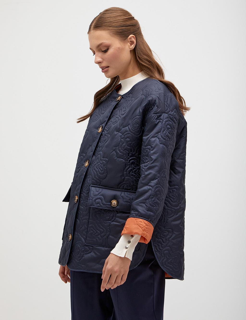 Abstract Pattern Stitched Jacket Navy
