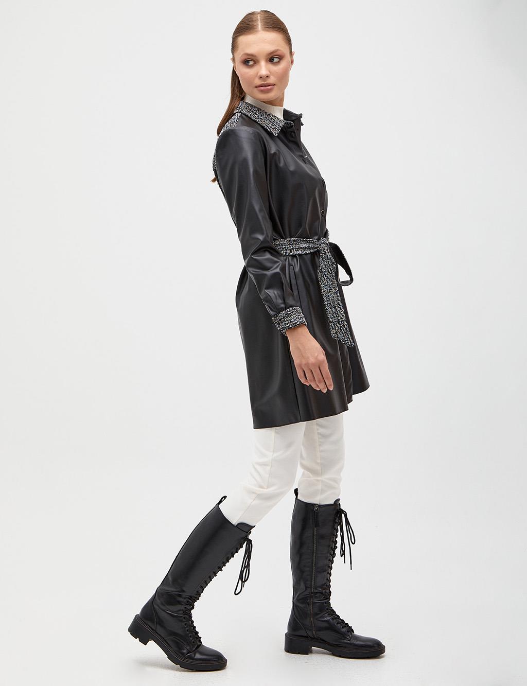 Knitted Belted Faux Leather Tunic Black-White