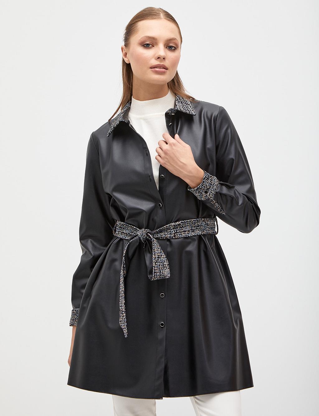 Knitted Belted Faux Leather Tunic Black-White