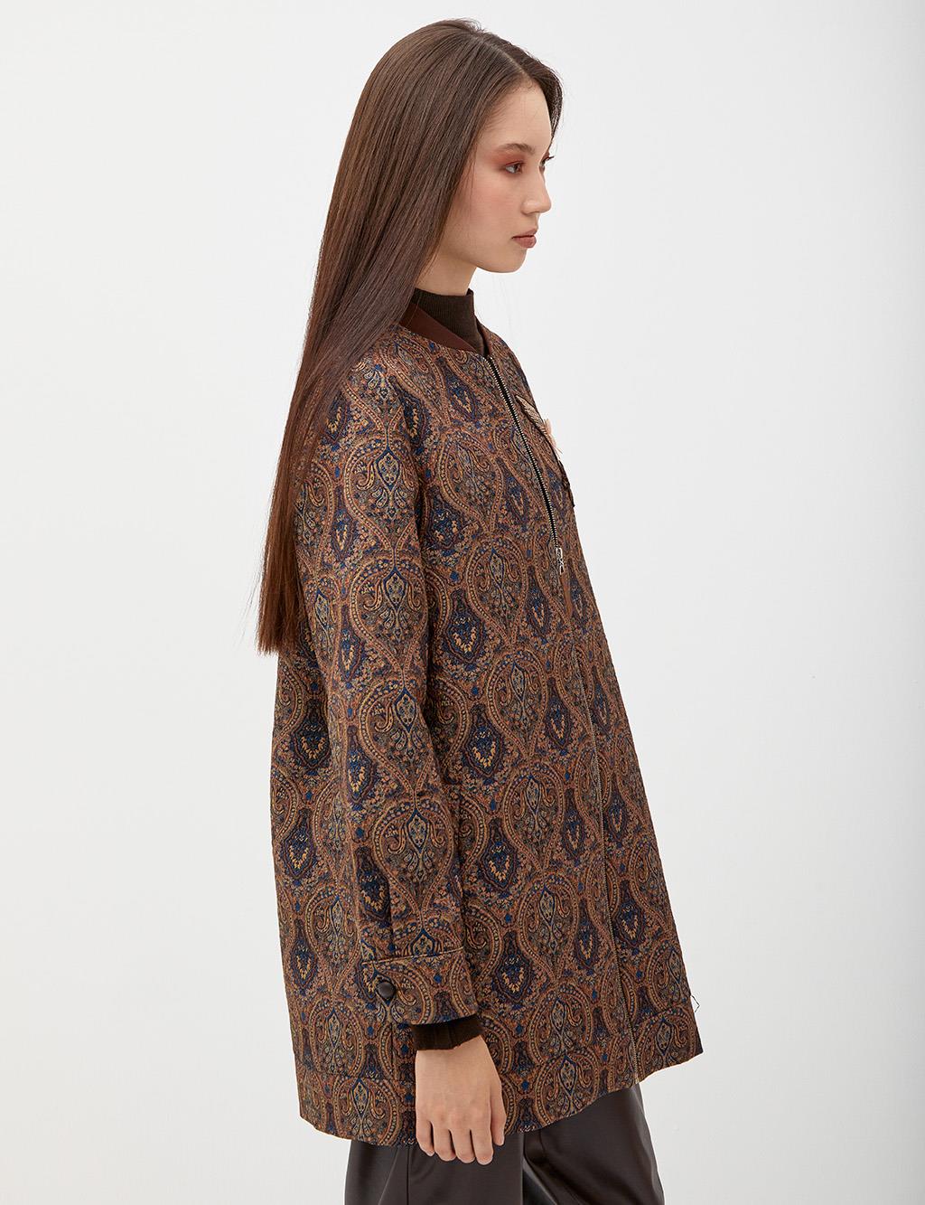 Ethnic Patterned College Collar Jacket Indigo-Camel