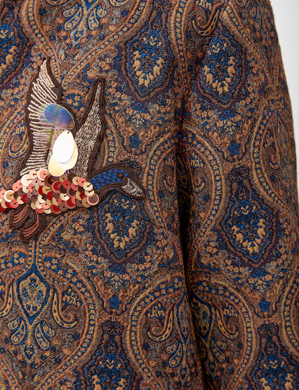 Ethnic Patterned College Collar Jacket Indigo-Camel