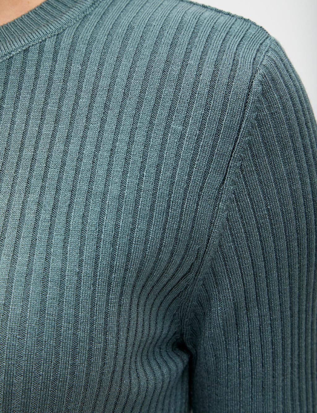 Sıfır Yaka Fitilli Triko Bluz Küf Yeşili