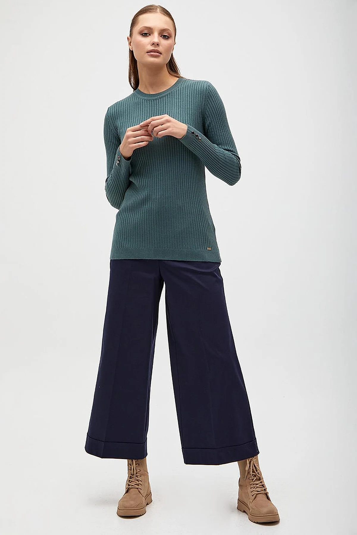 Zero Collar Ribbed Knitted Sweater Musty Green