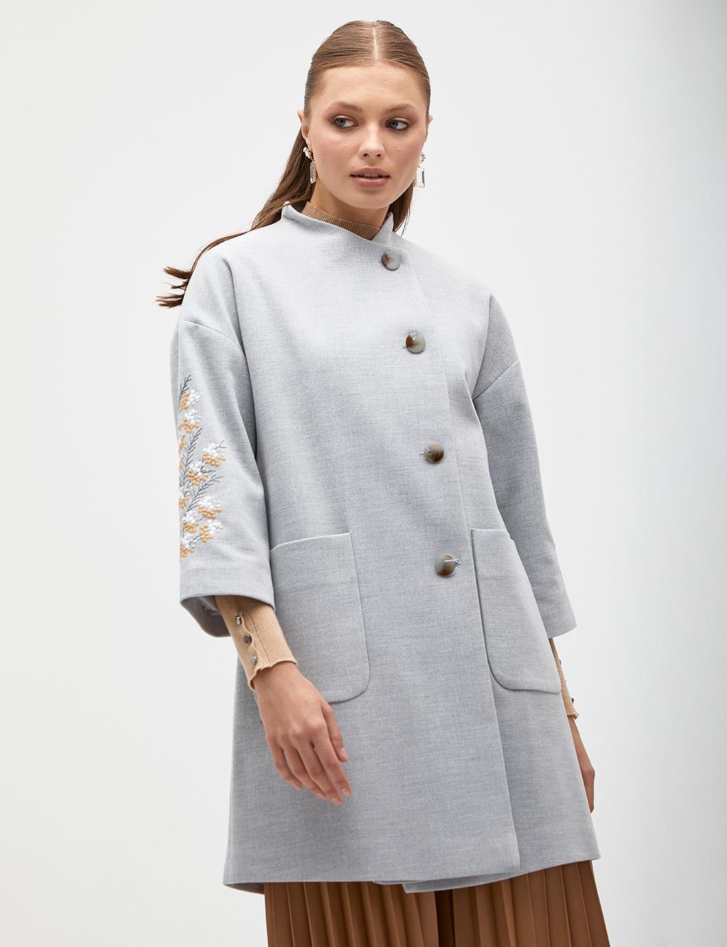 Embroidered Sleeves Coat Grey
