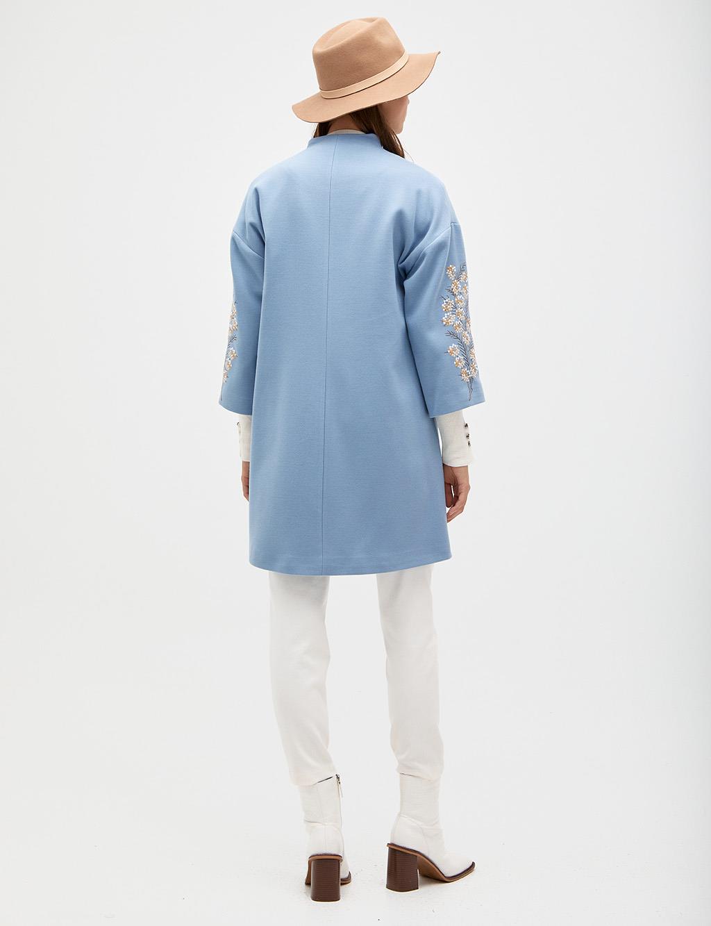 Embroidered Sleeves Coat Blue