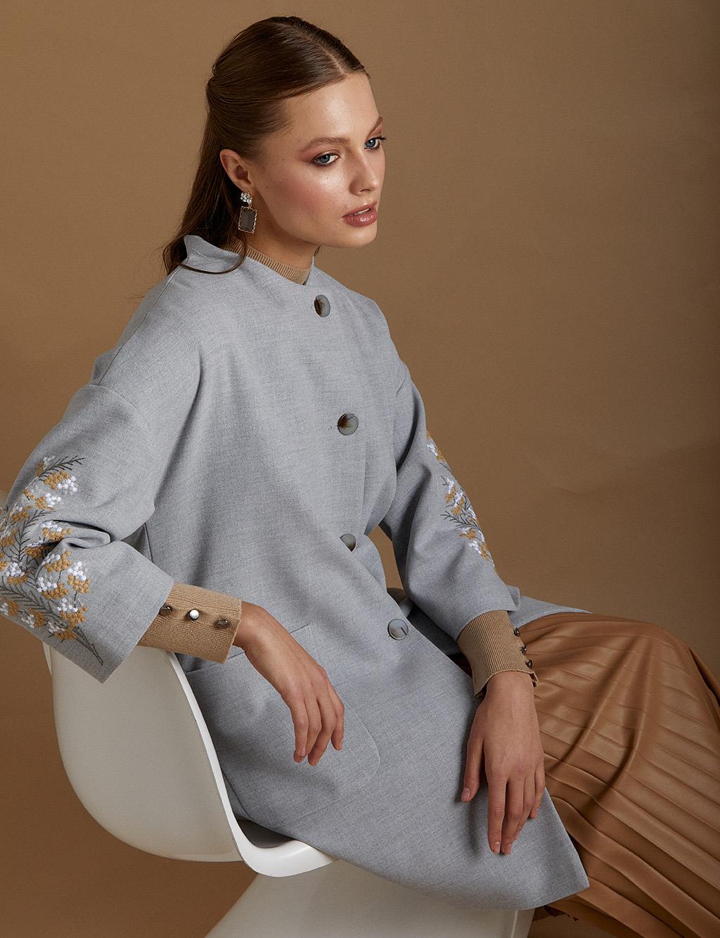 Embroidered Sleeves Coat Grey