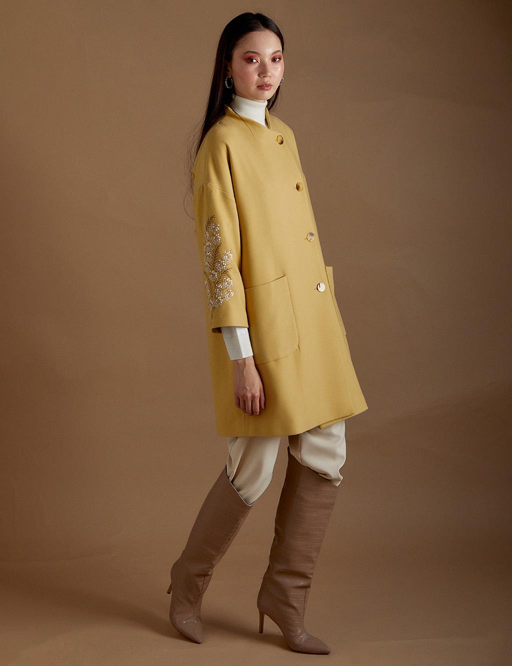 Embroidered Sleeves Coat Yellow