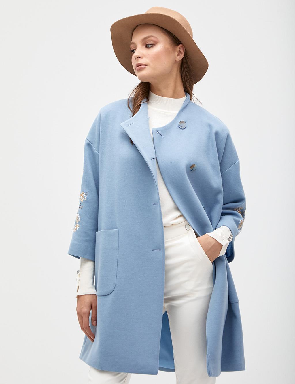 Embroidered Sleeves Coat Blue