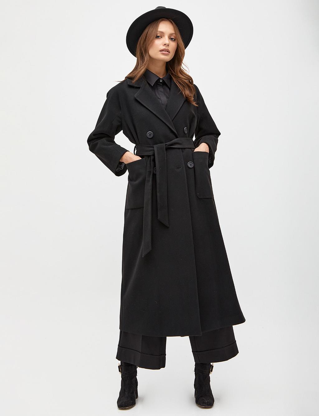 Marbled Double Breasted Belted Coat Black